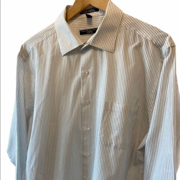 White Pinstripe Collared Fitted Button Up Long Sleeve Cuffed Dress Shirt XL - Picture 2 of 7